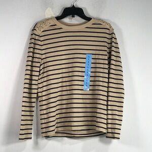 Rafaella Long Sleeve Striped Top, Women's Size L - Tan/Black